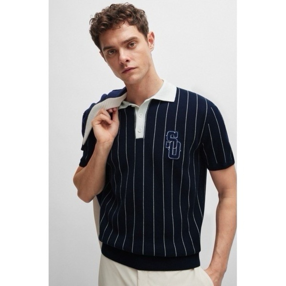 Hugo Boss X Shohei Ohtani Cotton Knit Pin Stripe Polo Monogram Patch Sz S Preppy